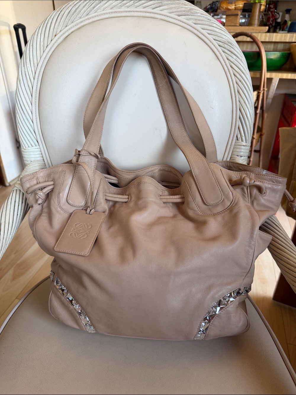 LOEWE Amazona Cream Lambskin Leather Drawstring Chrystals Studded Tote. Vintage!